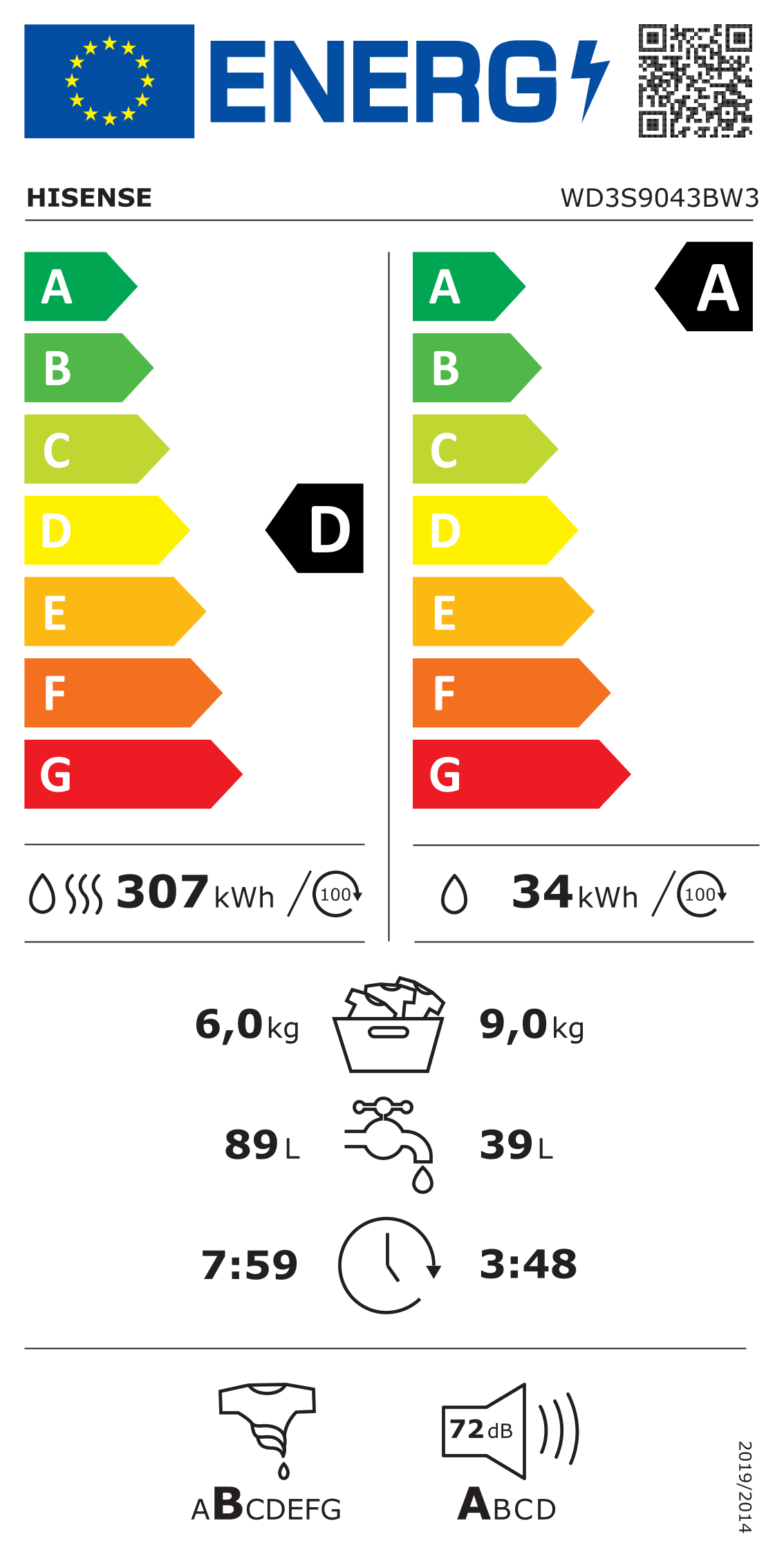 HISENSE WD3S9043BW3 Was/ Droogcombinatie 9KG/ 6KG